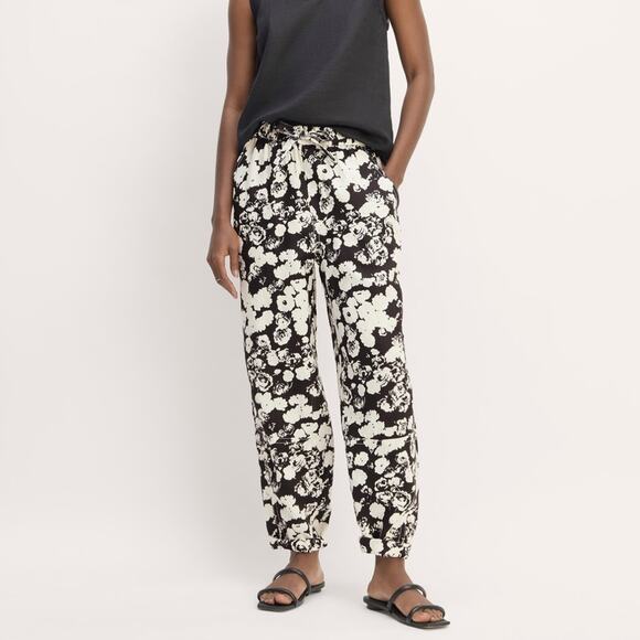 Everlane The 100% Linen Pull On Barrel Pants Black & White Floral Print Size XXS - Picture 1 of 7